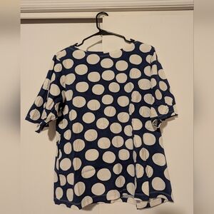 Marimekko Navy and White Polka Dot Short Sleeve Top